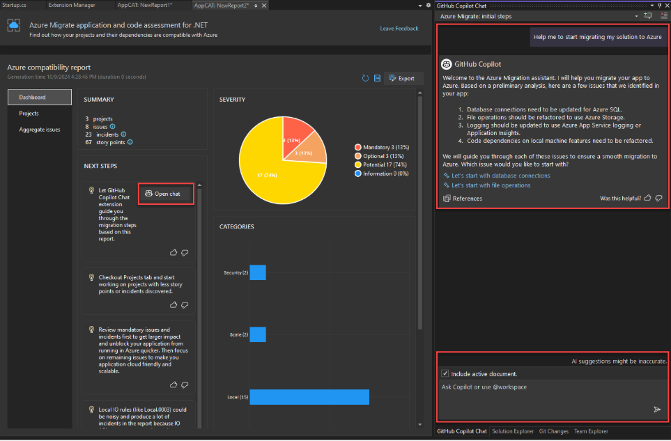 A screenshot showing GitHub Copilot integration with the Azure Migrate application and code assessment tool dashboard report page.