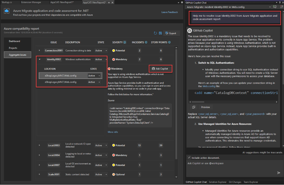 A screenshot showing GitHub Copilot integration with the Azure Migrate application and code assessment tool issues report page.